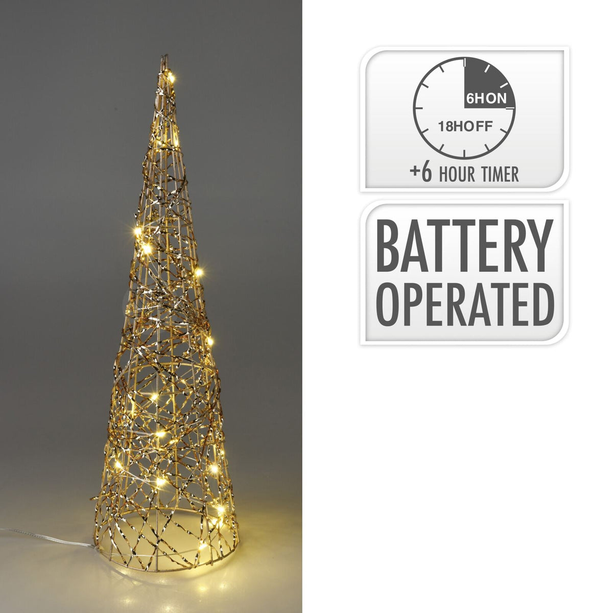 Gold Cone LED Christmas Tree | Warm White LED Pre-Lit Tree with Timer - 40cm Ornament - Tophatter Daily Deals