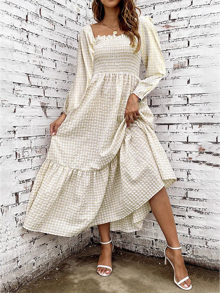 Smocked Square Neck Long Sleeve Dress Sand Casual Dresses - Tophatter Daily Deals