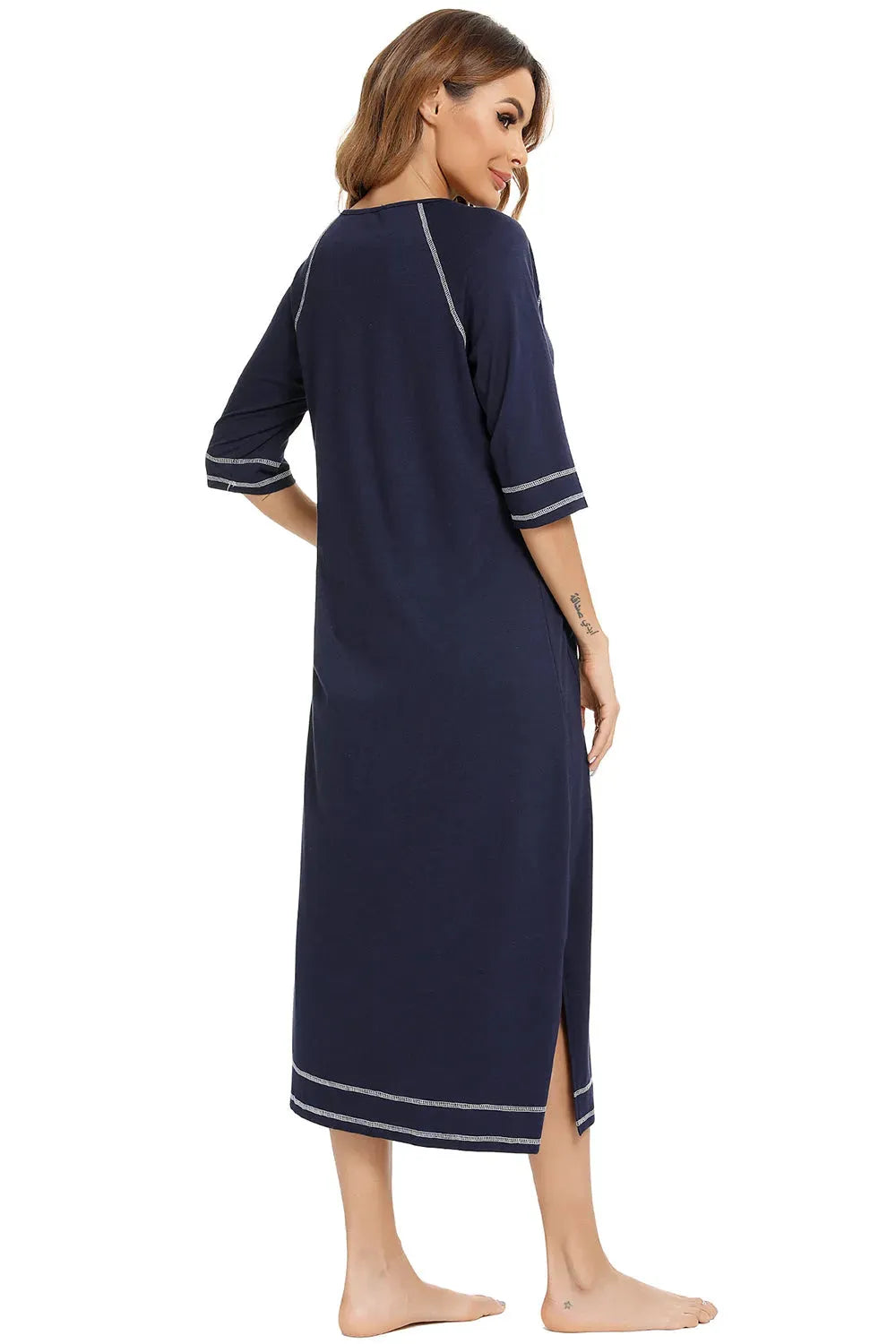 Zip Up Slit Round Neck Night Dress with Pockets Sleep Dresses - Tophatter Daily Deals