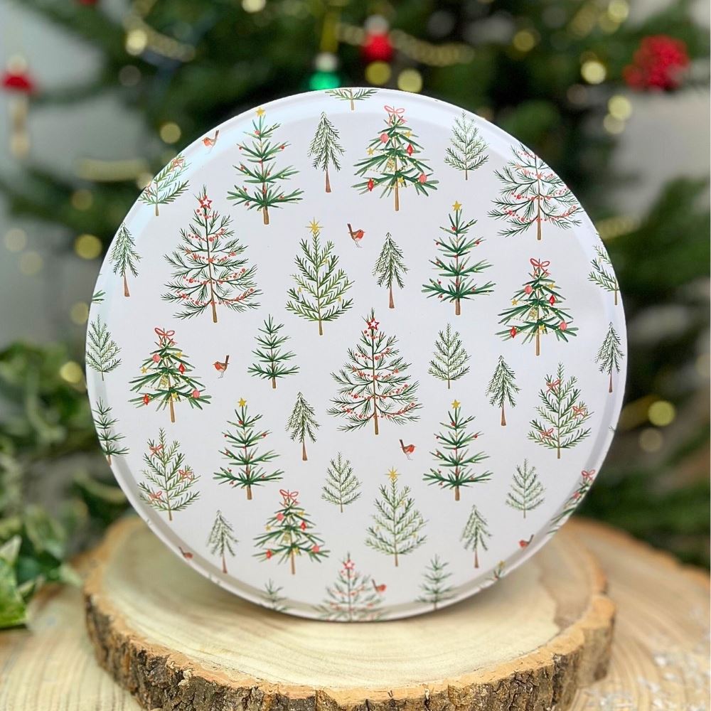 Christmas Trees Cake Tin | Round Metal Storage Tin for Seasonal Bakes 24 x 12cm Tin - Tophatter Daily Deals