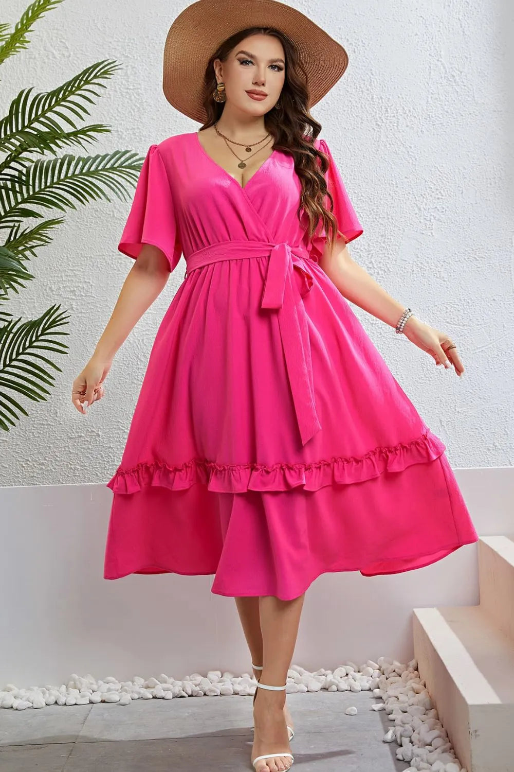 Belted Frill Trim Flutter Sleeve Dress Hot Pink Casual Dresses - Tophatter Daily Deals