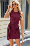 Tied Round Neck Sleeveless Mini Dress Wine Casual Dresses - Tophatter Daily Deals