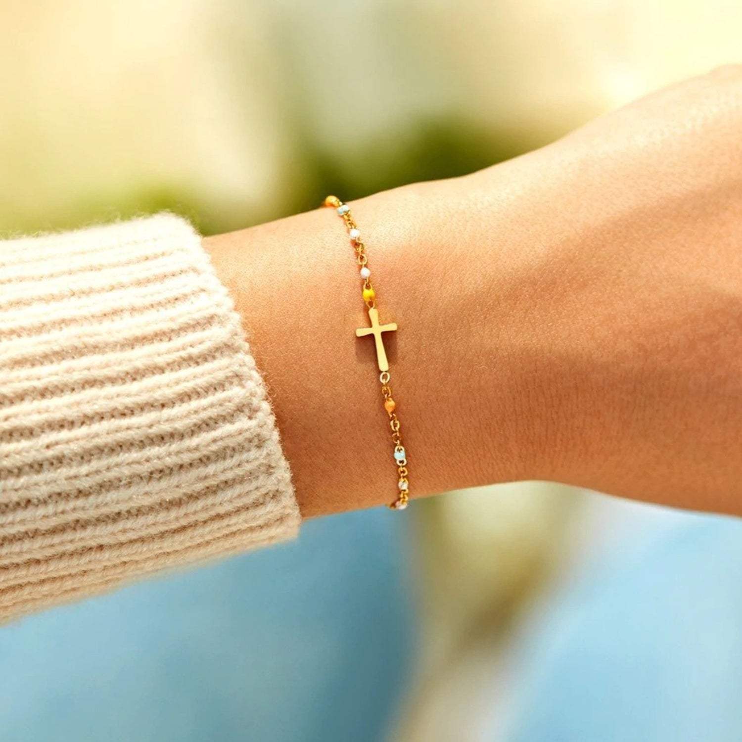18K Gold-Plated Cross Bead Bracelet Bracelets - Tophatter Daily Deals