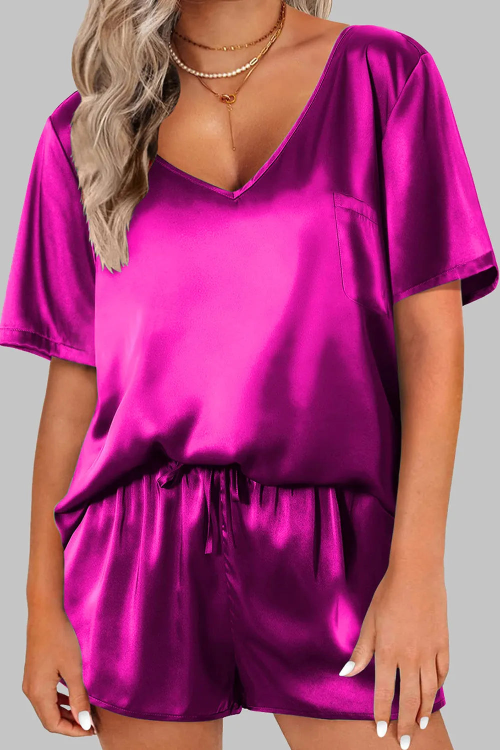 Bright Pink Satin V Neck Tee and Drawstring Shorts Set Bright Pink 95%Polyester+5%Elastane Loungewear & Sleepwear/Sleepwear - Tophatter Daily Deals