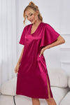 Satin Flutter Sleeve Side Slit V-Neck Night Dress Vivid Cerise Sleep Dresses - Tophatter Daily Deals