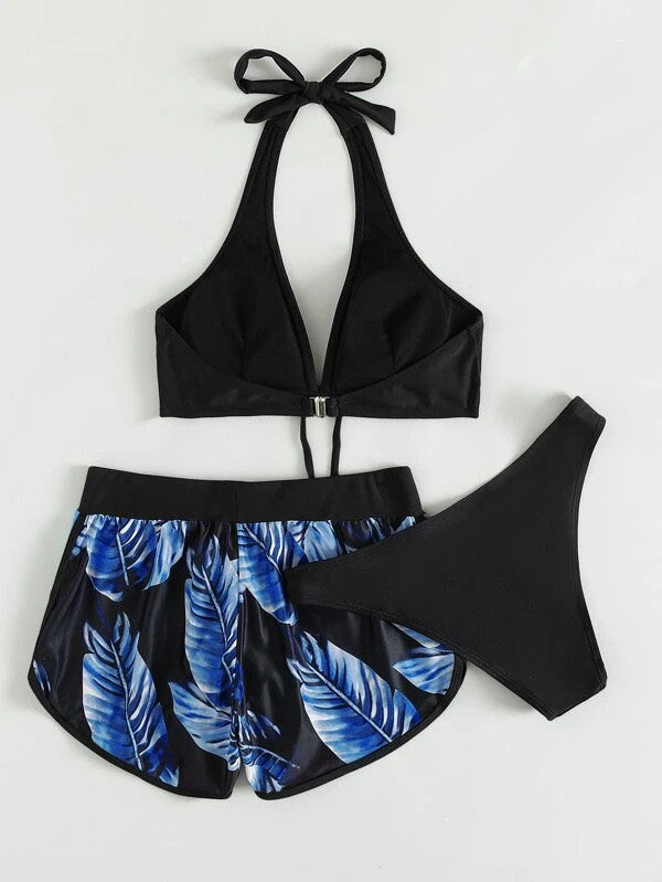 3pcs Leaf Print Bikini With Shorts Fashion Summer Beach Swimsuit Womens Clothing Pattern9 4 - Tophatter Daily Deals