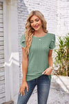 Eyelet Round Neck Petal Sleeve T-Shirt Sage Women's T-Shirts - Tophatter Daily Deals