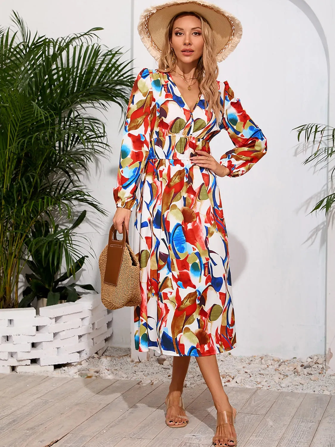 Printed Surplice Long Sleeve Midi Dress Casual Dresses - Tophatter Daily Deals