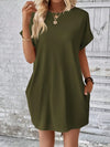 Pocketed Round Neck Short Sleeve Dress Army Green Casual Dresses - Tophatter Daily Deals