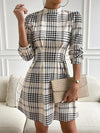 Houndstooth Mock Neck Cinched Mini Dress Ivory Casual Dresses - Tophatter Daily Deals