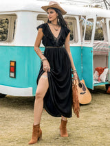 Lace Detail Plunge Cap Sleeve Midi Dress Casual Dresses - Tophatter Daily Deals