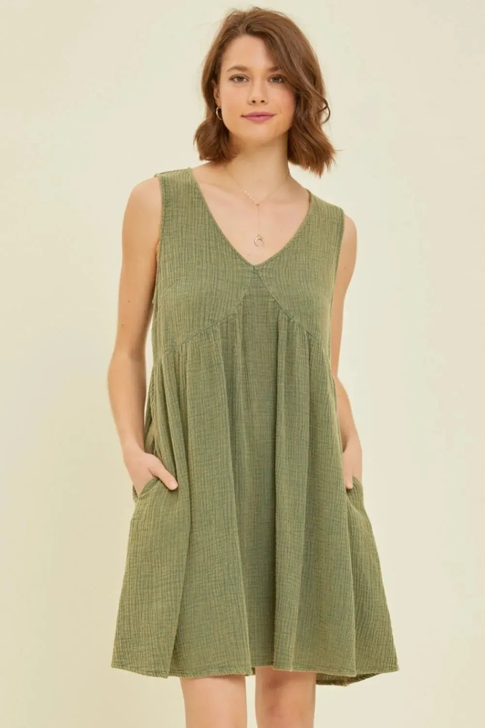 HEYSON Full Size Texture V-Neck Sleeveless Flare Mini Dress Green Casual Dresses - Tophatter Daily Deals