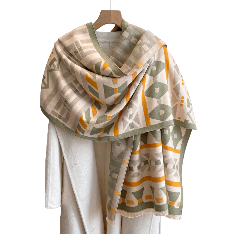 Beige, Olive Green & Orange Geometric Patterned Scarf Multi Scarves - Tophatter Daily Deals