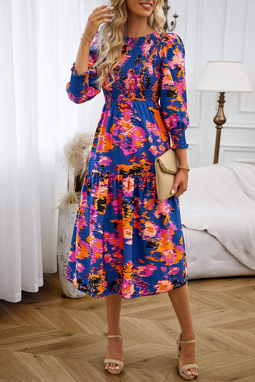 Printed Smocked Lantern Sleeve Ruffled Dress Casual Dresses - Tophatter Daily Deals