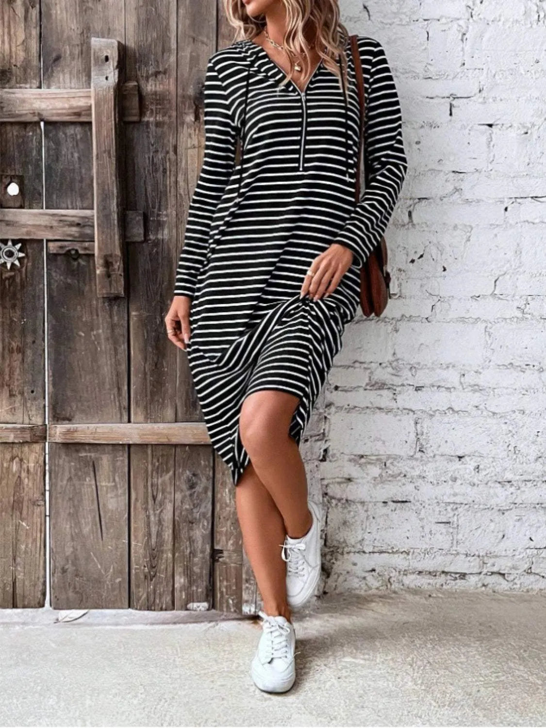 Striped Zip Front Hooded Dress Casual Dresses - Tophatter Daily Deals