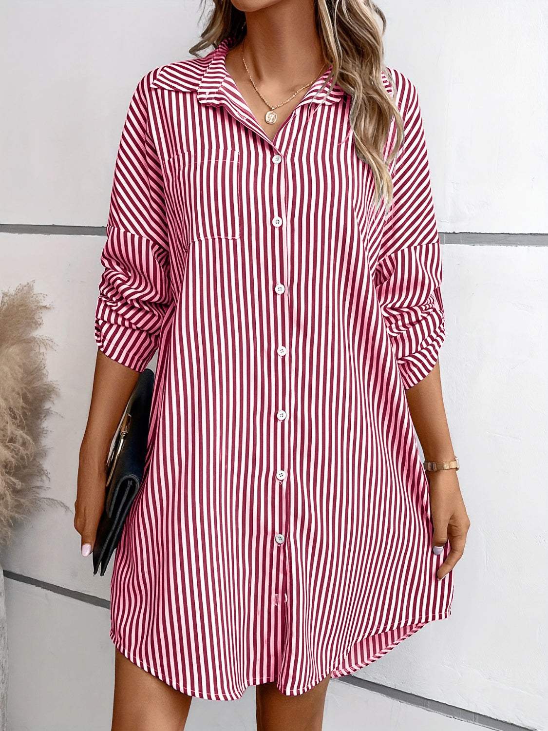 Striped Button Up Long Sleeve Mini Shirt Dress Deep Red Casual Dresses - Tophatter Daily Deals