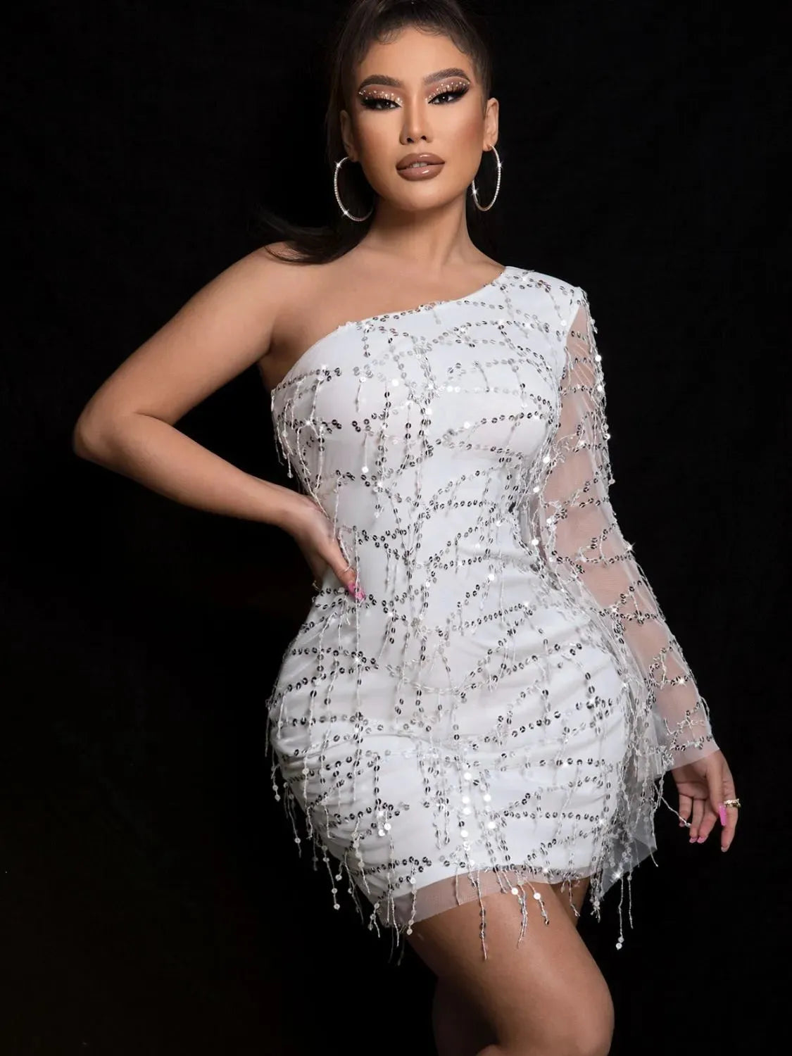 Sequin One Shoulder Spliced Mesh Sleeve Dress Cocktail Dresses - Tophatter Daily Deals