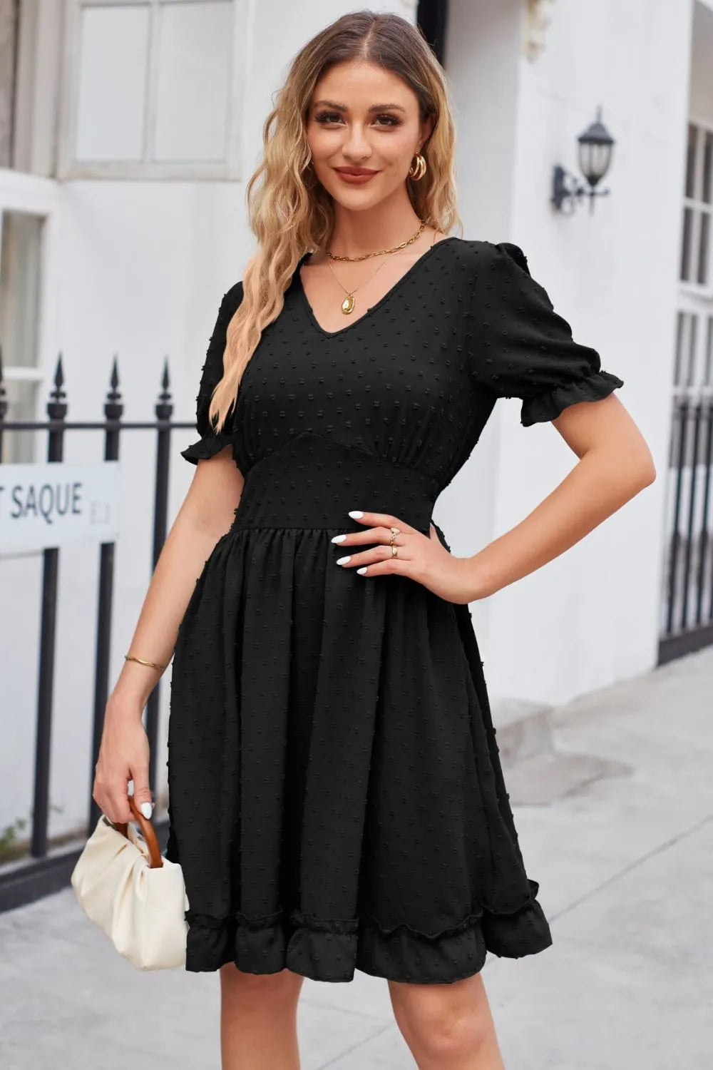 Swiss Dot Frill Trim Flounce Sleeve V-Neck Dress Black Casual Dresses - Tophatter Daily Deals