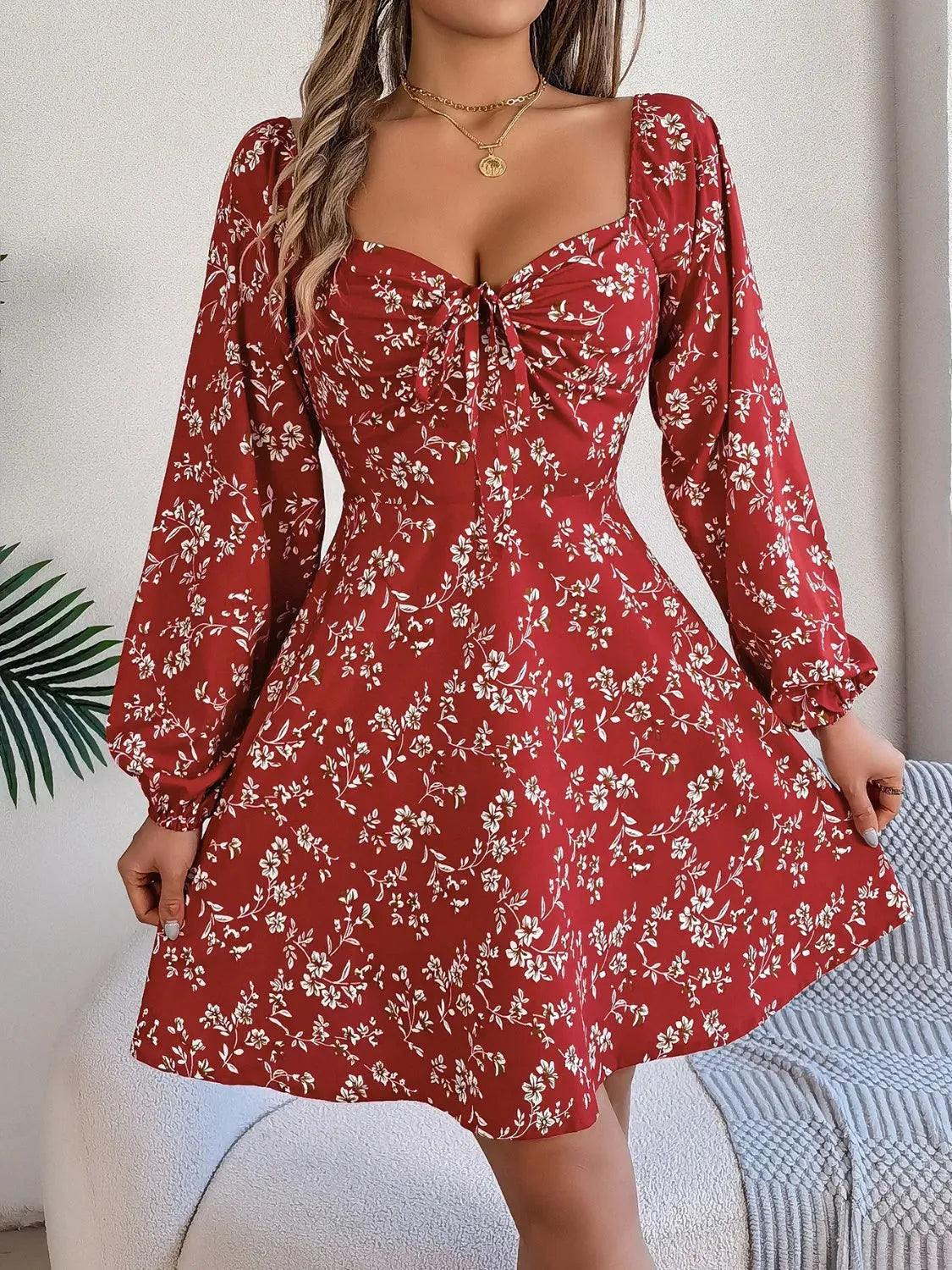 Printed Sweetheart Neck Balloon Sleeve Mini Dress Deep Red Casual Dresses - Tophatter Daily Deals