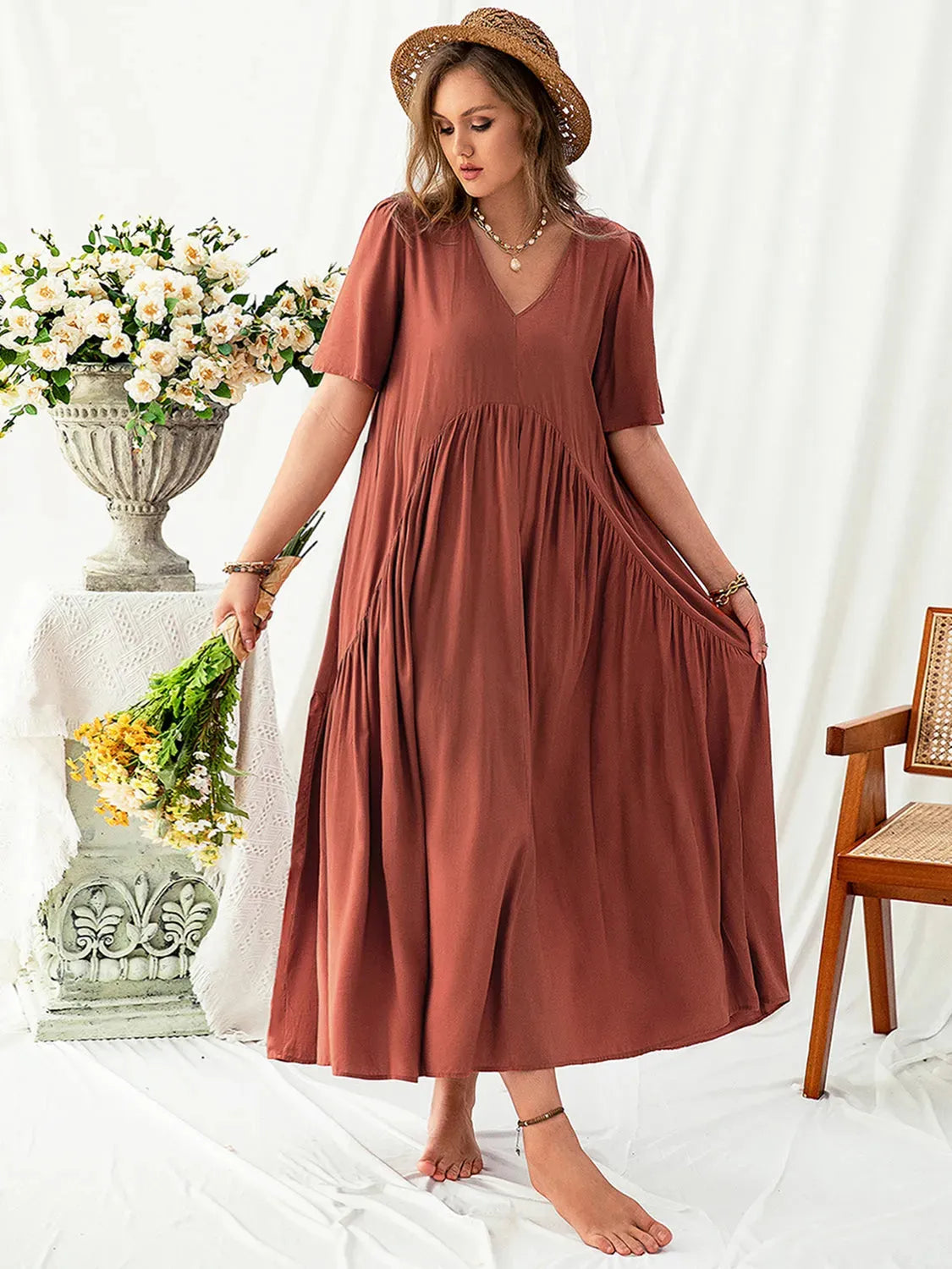 Plus Size V-Neck Flutter Sleeve Midi Dress Casual Dresses - Tophatter Daily Deals