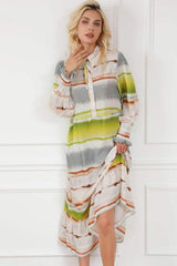 Striped Half Button Smocked Long Sleeve Ruffle Hem Dress Multicolor Casual Dresses - Tophatter Daily Deals