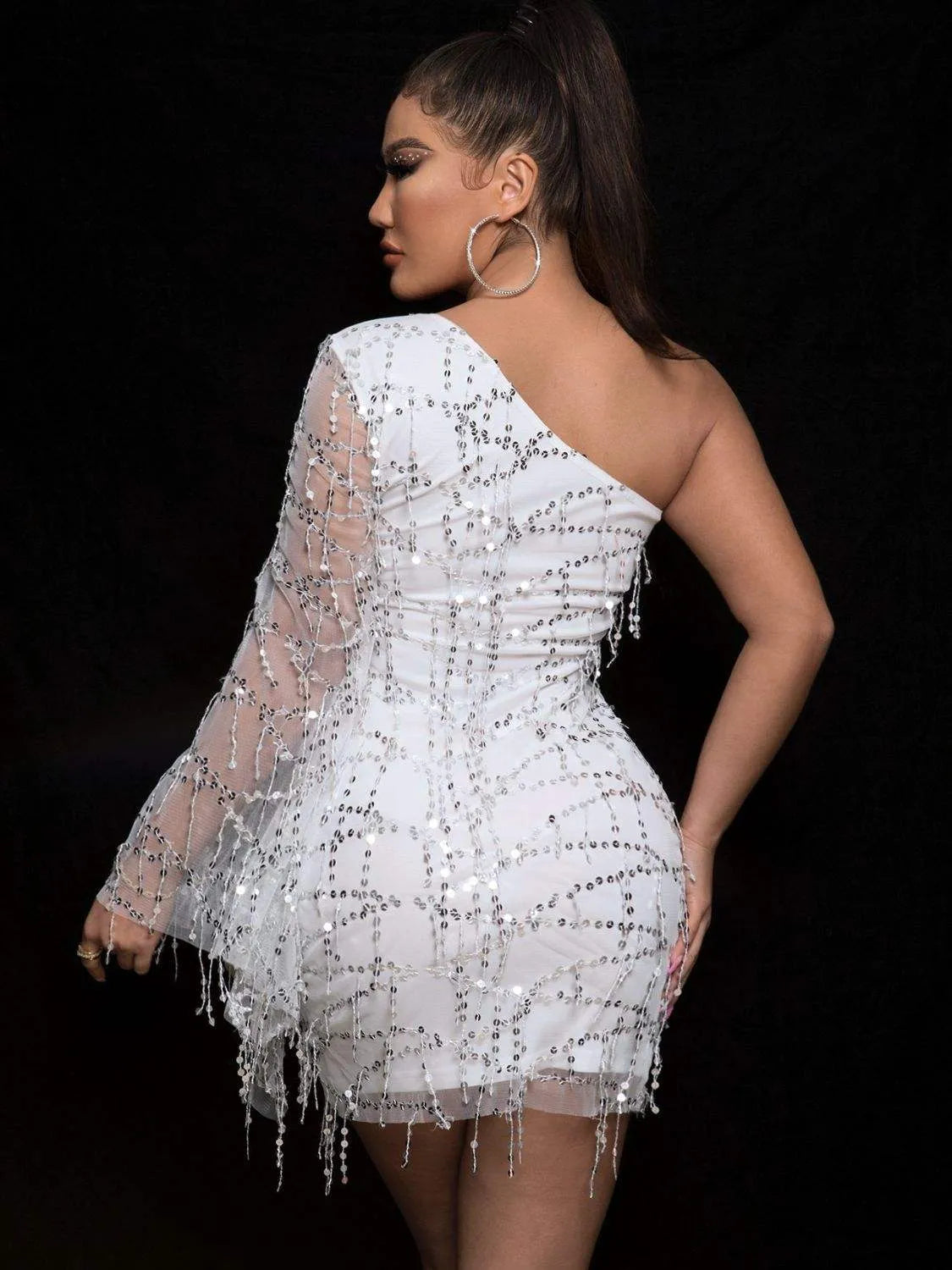 Sequin One Shoulder Spliced Mesh Sleeve Dress Cocktail Dresses - Tophatter Daily Deals