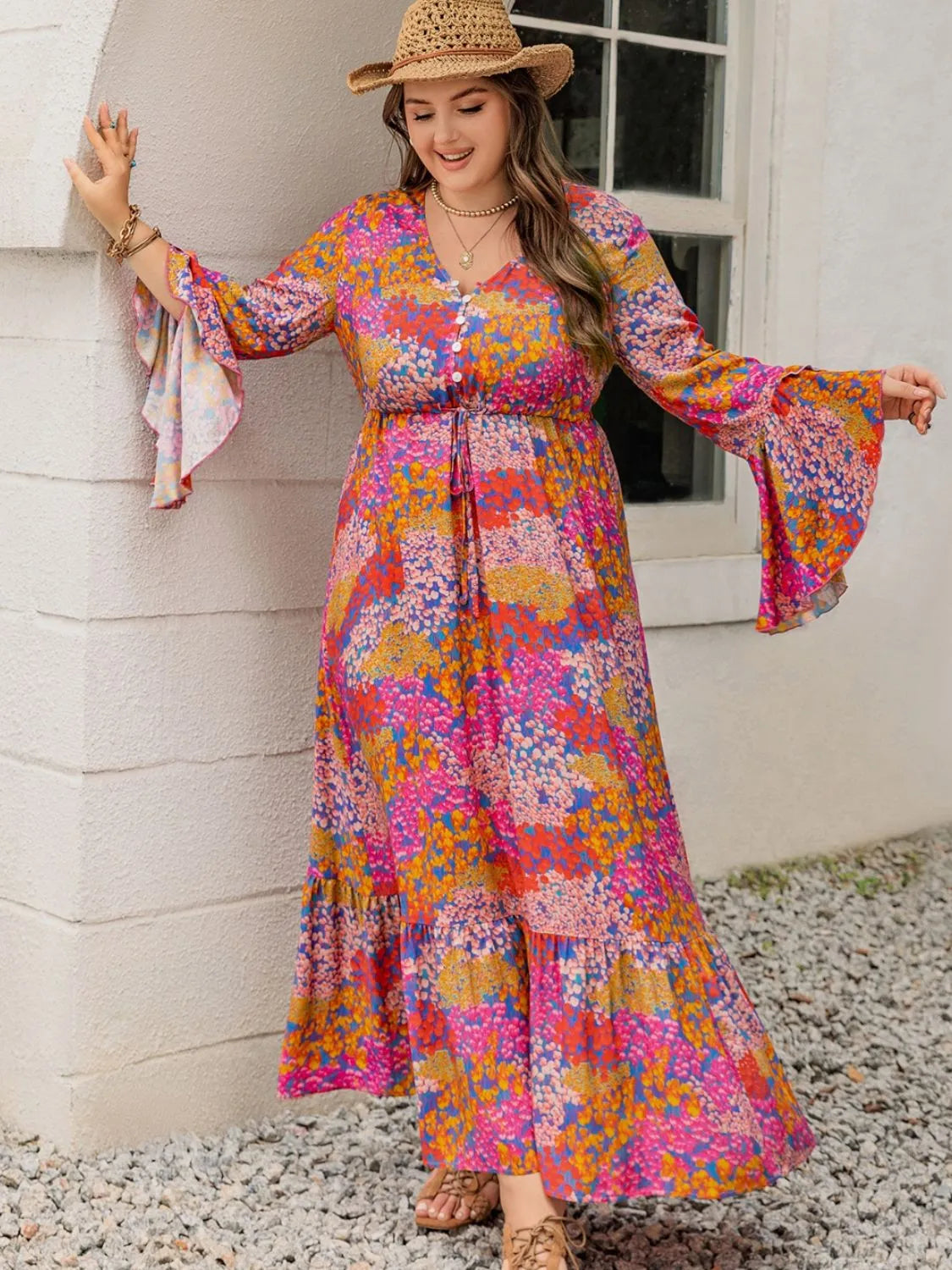 Plus Size Printed V-Neck Long Sleeve Maxi Dress Orange-Red Casual Dresses - Tophatter Daily Deals