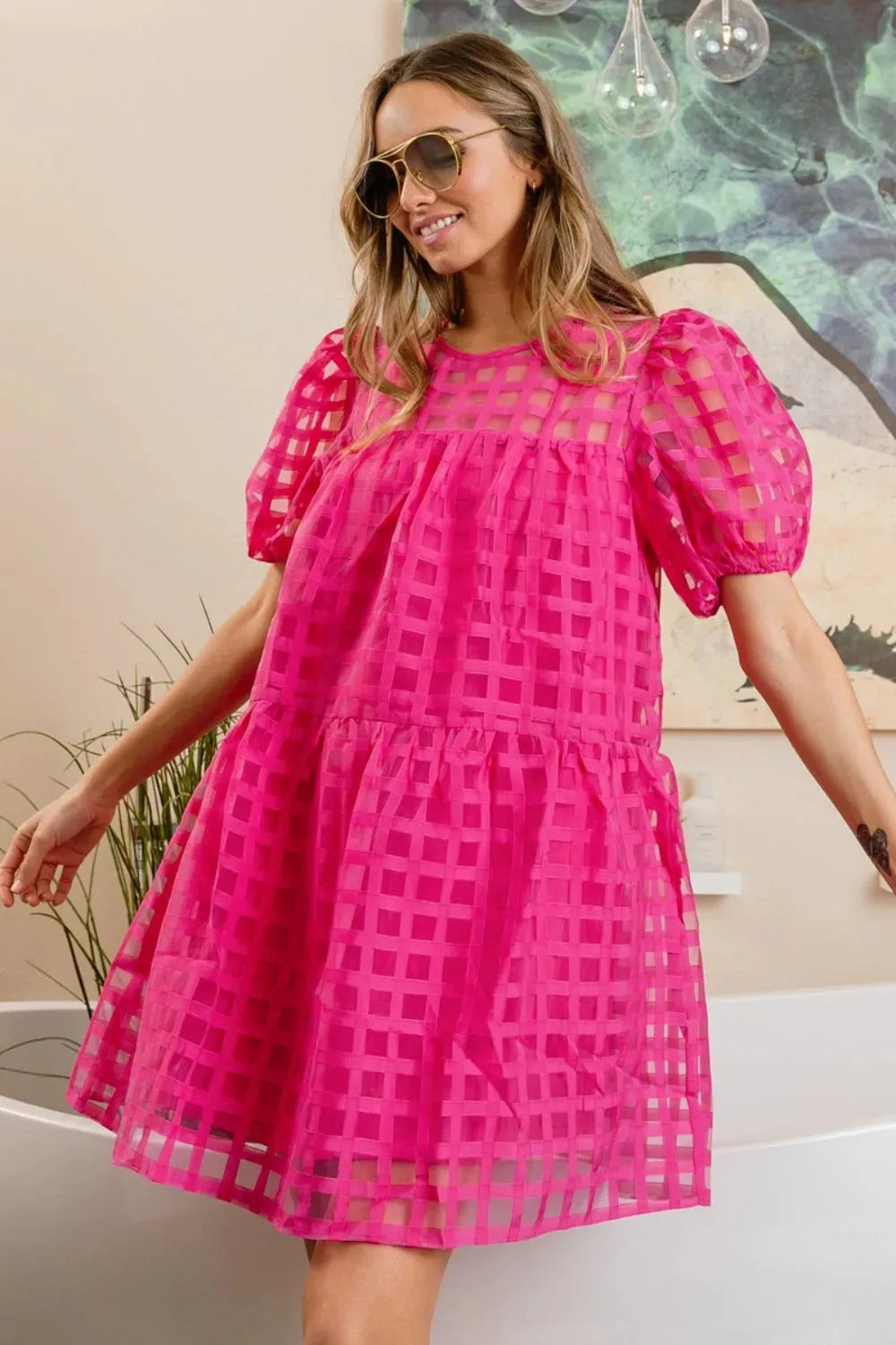 BiBi Gridded Organza Short Sleeve Dress Casual Dresses - Tophatter Daily Deals