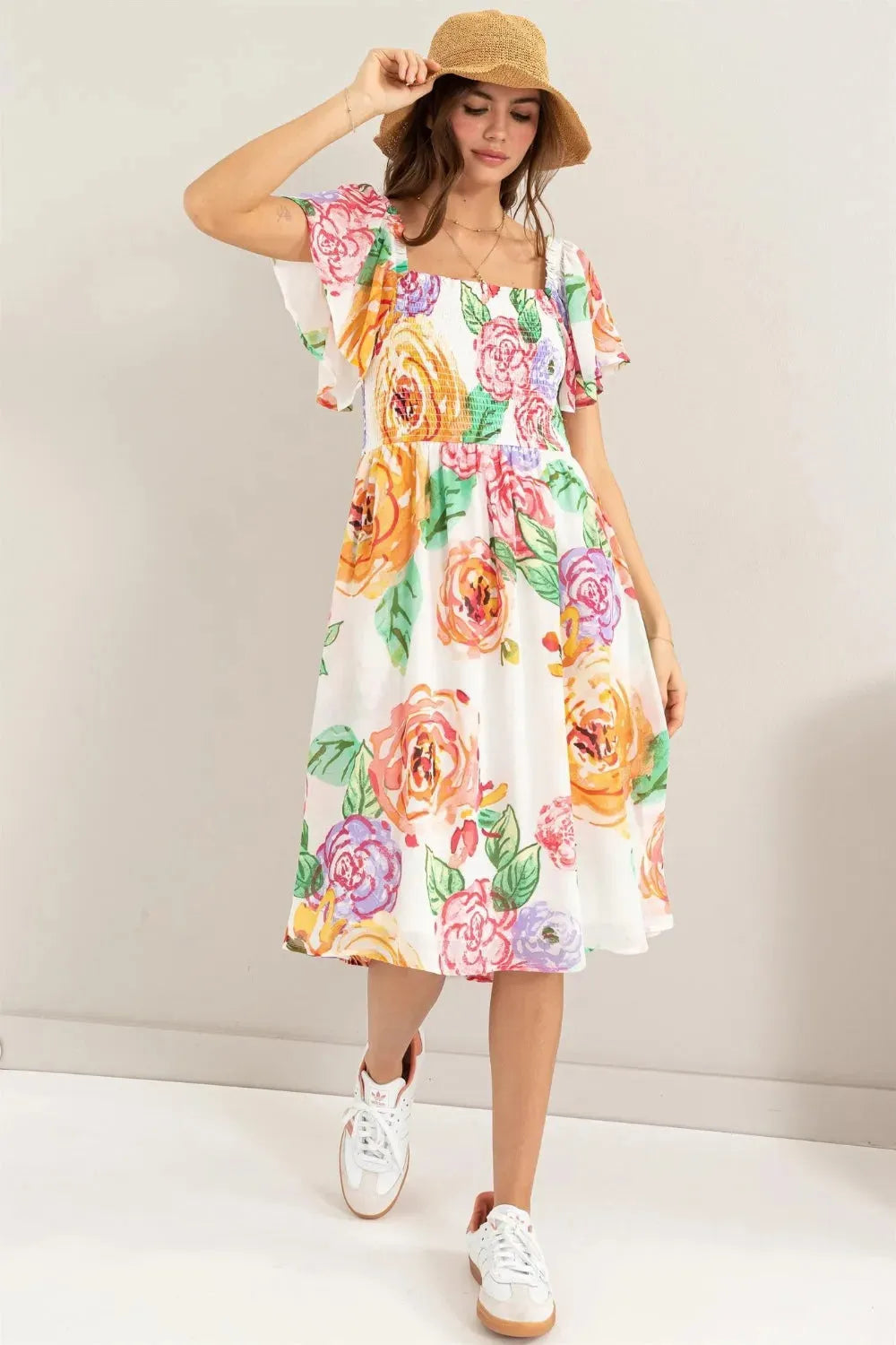 HYFVE Floral Flutter Sleeve Smocked Dress Multi Casual Dresses - Tophatter Daily Deals