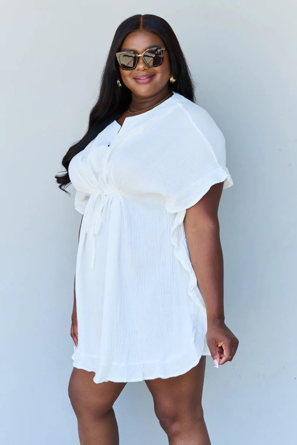 Ninexis Out Of Time Full Size Ruffle Hem Dress with Drawstring Waistband in White Casual Dresses - Tophatter Daily Deals