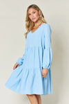 Double Take Full Size V-Neck Balloon Sleeve Tiered Dress Casual Dresses - Tophatter Daily Deals