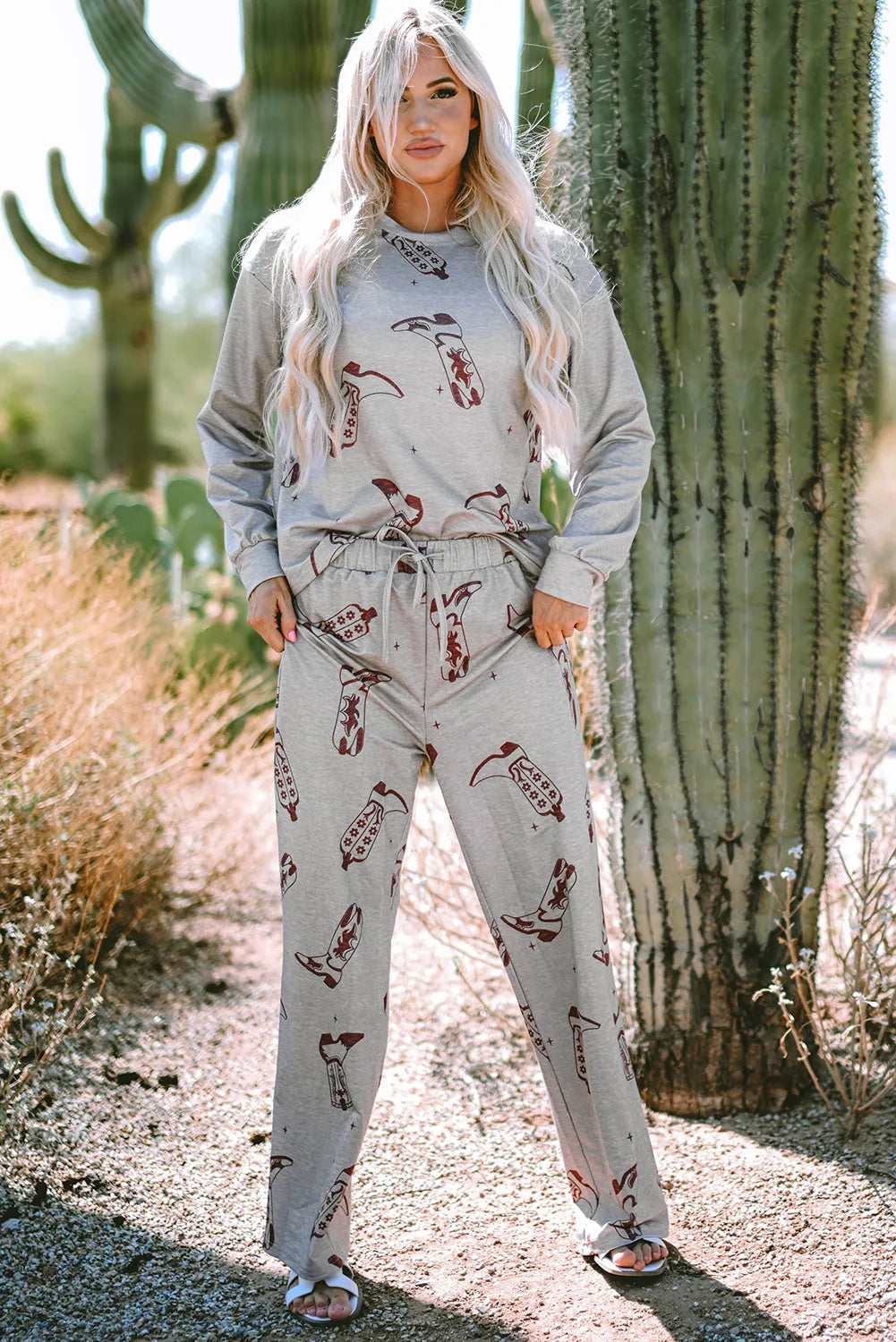 Gray Cowgirl Boots Printed Long Sleeve Top Pants Lounge Set Loungewear & Sleepwear/Loungewear - Tophatter Daily Deals
