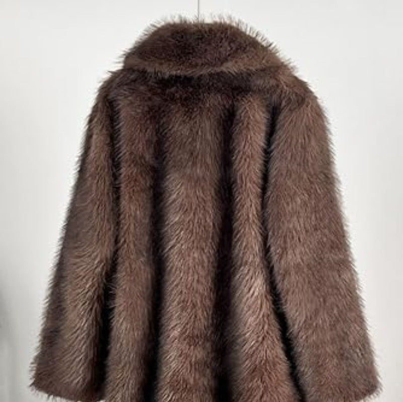 Warm Cozy Women's Long Coat - Notched Lapel, Faux Fur Coffee Color 3D Changing Face Moving Picture Frame - Tophatter Daily Deals