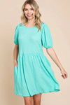 Culture Code Full Size Textured Round Neck Puff Sleeve Dress Casual Dresses - Tophatter Daily Deals