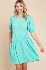 Culture Code Full Size Textured Round Neck Puff Sleeve Dress Casual Dresses - Tophatter Daily Deals