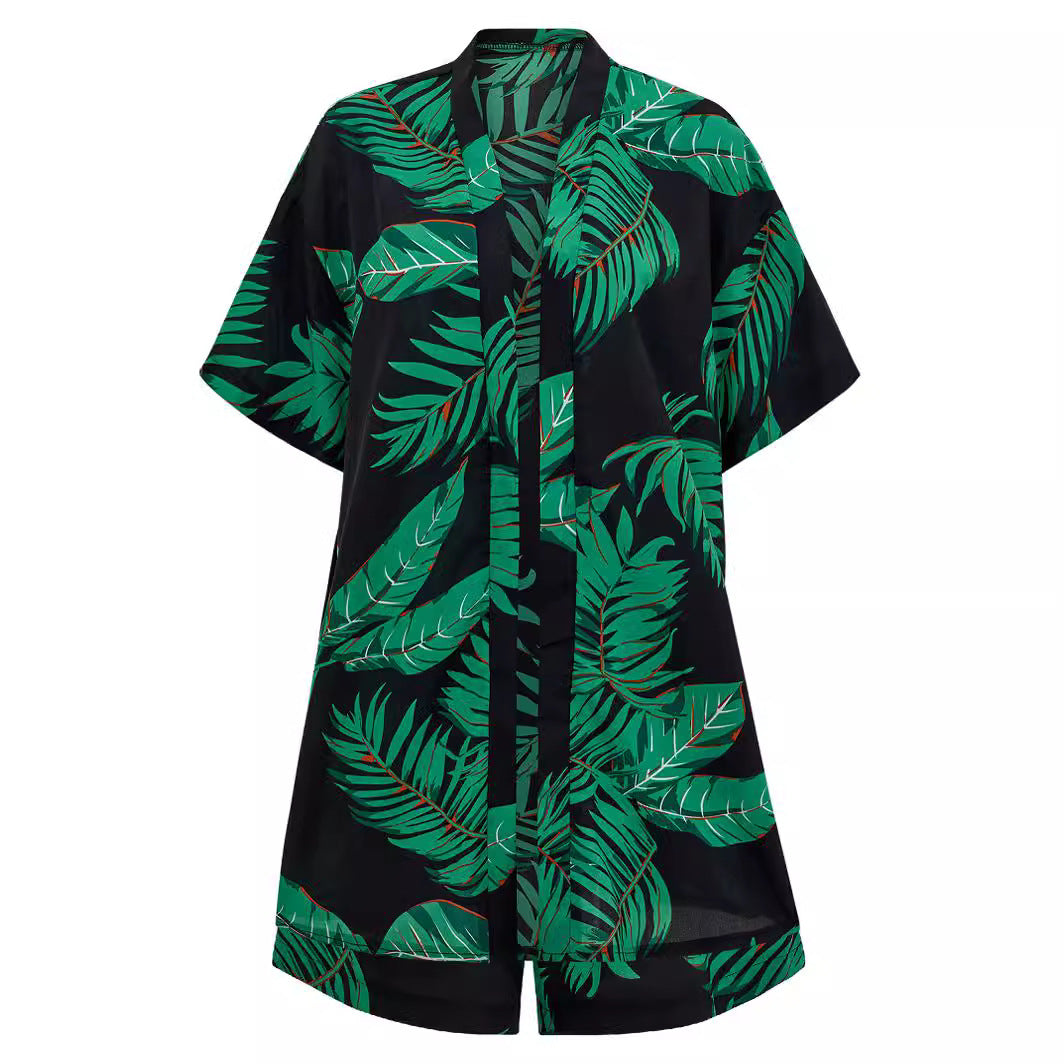 2pcs Casual Holiday Leaves Print Suit Summer Short Sleeve Shirt Top And Drawstring Shorts Sets For Womens Clothing 4 - Tophatter Daily Deals