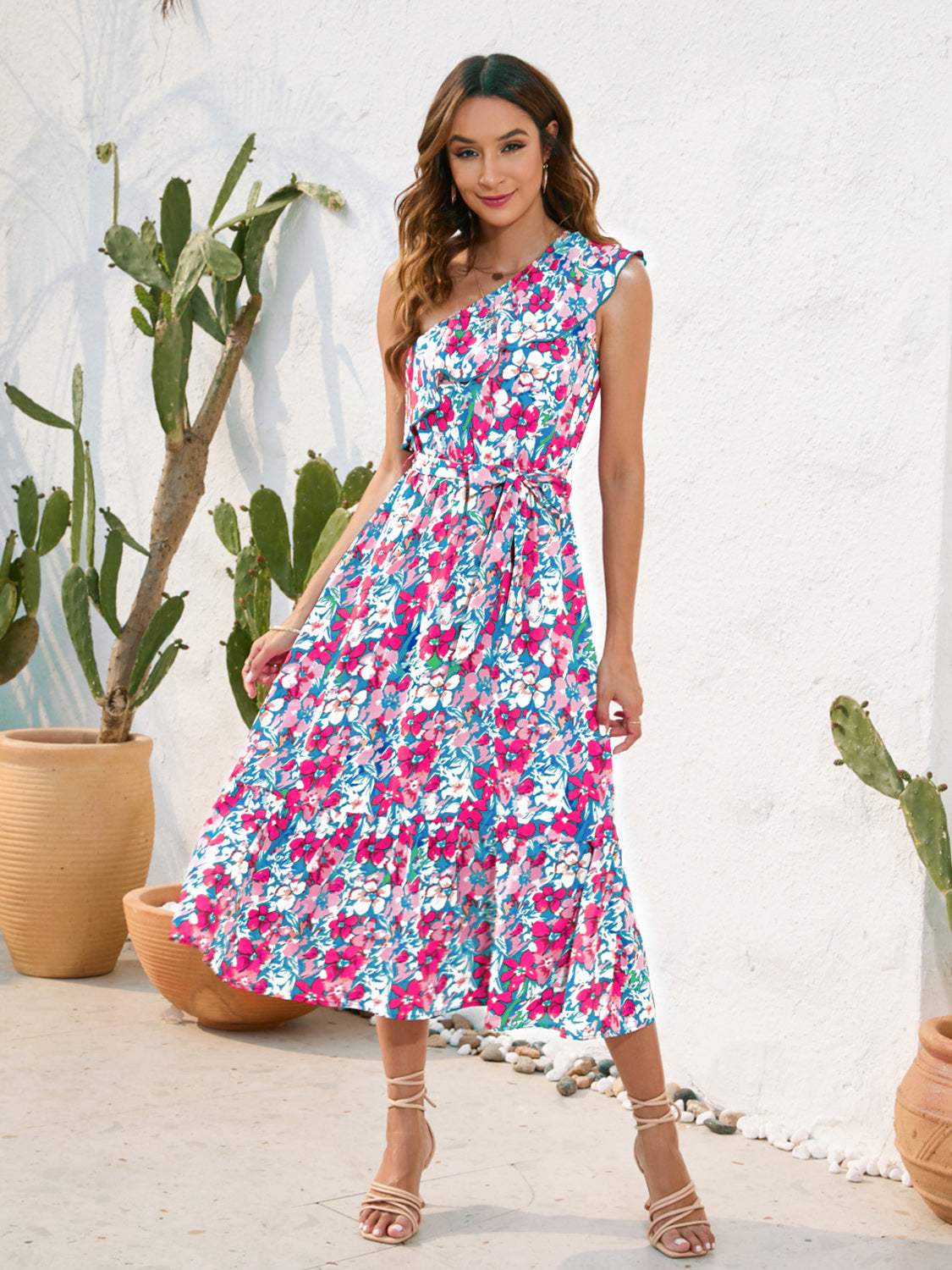 Ruffled Printed One Shoulder Midi Dress Sky Blue Casual Dresses - Tophatter Daily Deals