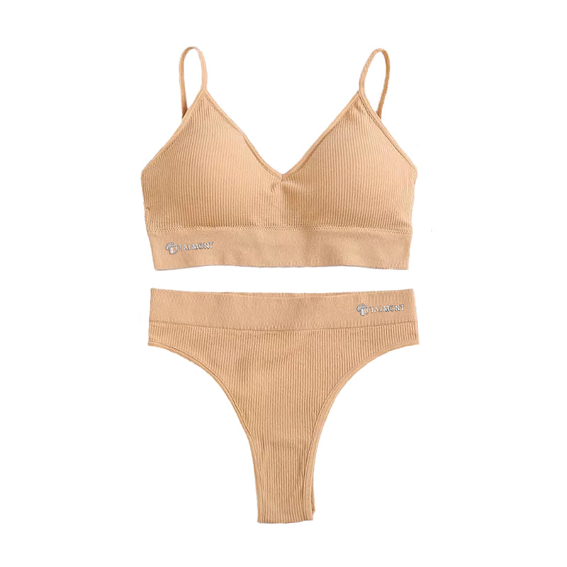 Talmont Seamless Ribbed Bra & Panty Set – Soft, Stretchy Lounge Lingerie with Removable Pads Beige Women's Lingerie - Tophatter Daily Deals