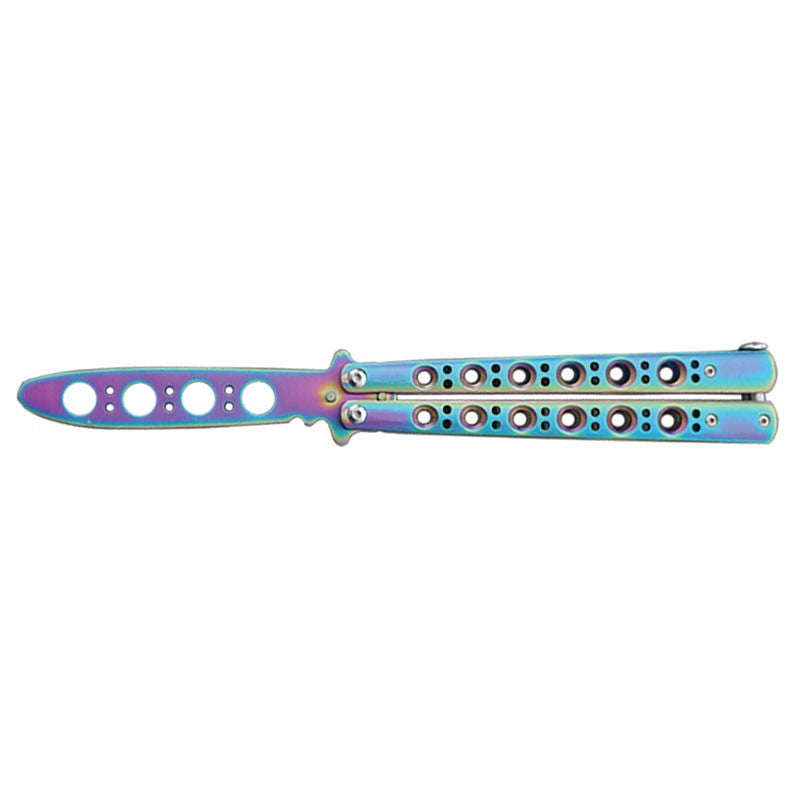 Butterfly Knife TRAINER Dull Balisong w/ Spring Latch - Grey Rainbow w holes - no sheath Knife-Balisong - Tophatter Daily Deals