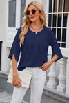 Round Neck Slit Half Sleeve Top Navy Women's T-Shirts - Tophatter Daily Deals