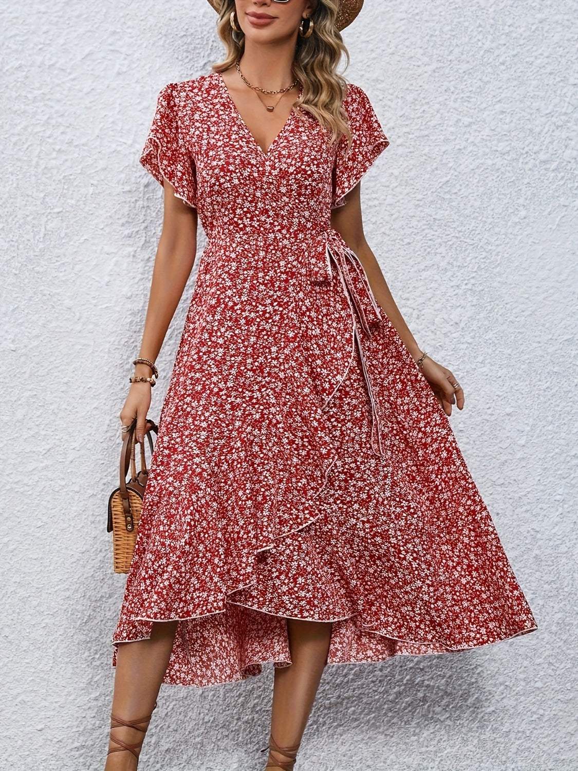 Printed Surplice Flutter Sleeve Midi Dress Deep Red Casual Dresses - Tophatter Daily Deals