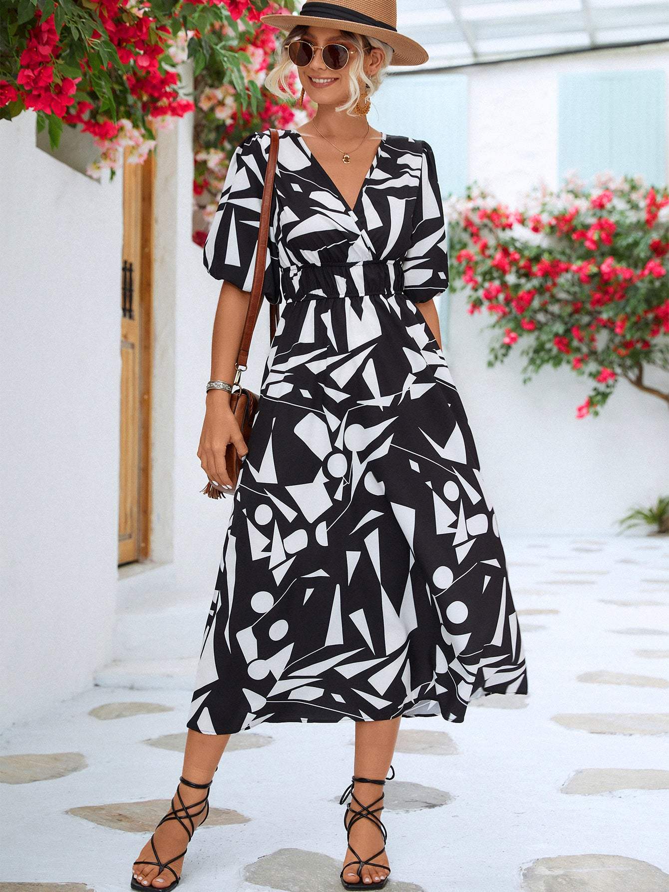 Printed Surplice Balloon Sleeve Dress Casual Dresses - Tophatter Daily Deals