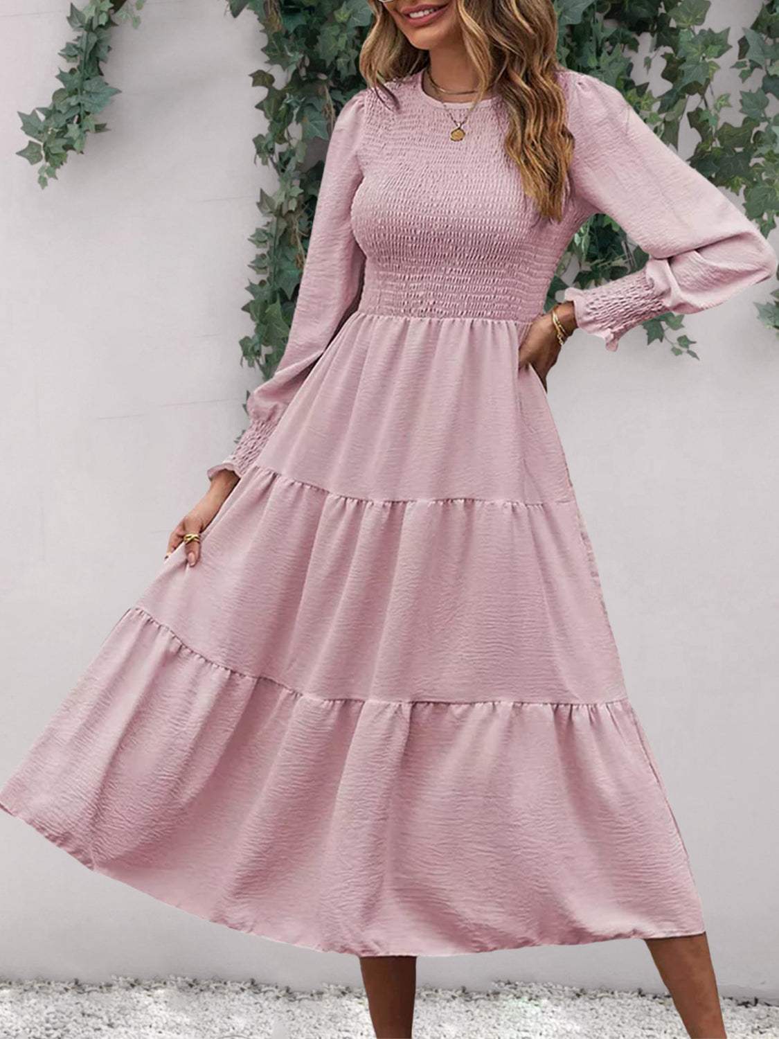 Smocked Round Neck Long Sleeve Midi Dress Dusty Pink Casual Dresses - Tophatter Daily Deals