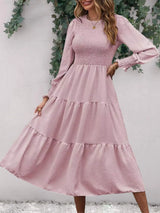 Smocked Round Neck Long Sleeve Midi Dress Dusty Pink Casual Dresses - Tophatter Daily Deals