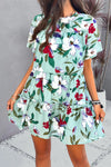 Printed Tiered Round Neck Mini Dress Casual Dresses - Tophatter Daily Deals