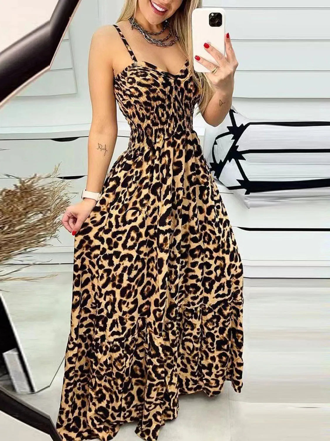 Leopard Sweetheart Neck Cami Dress Tan Casual Dresses - Tophatter Daily Deals