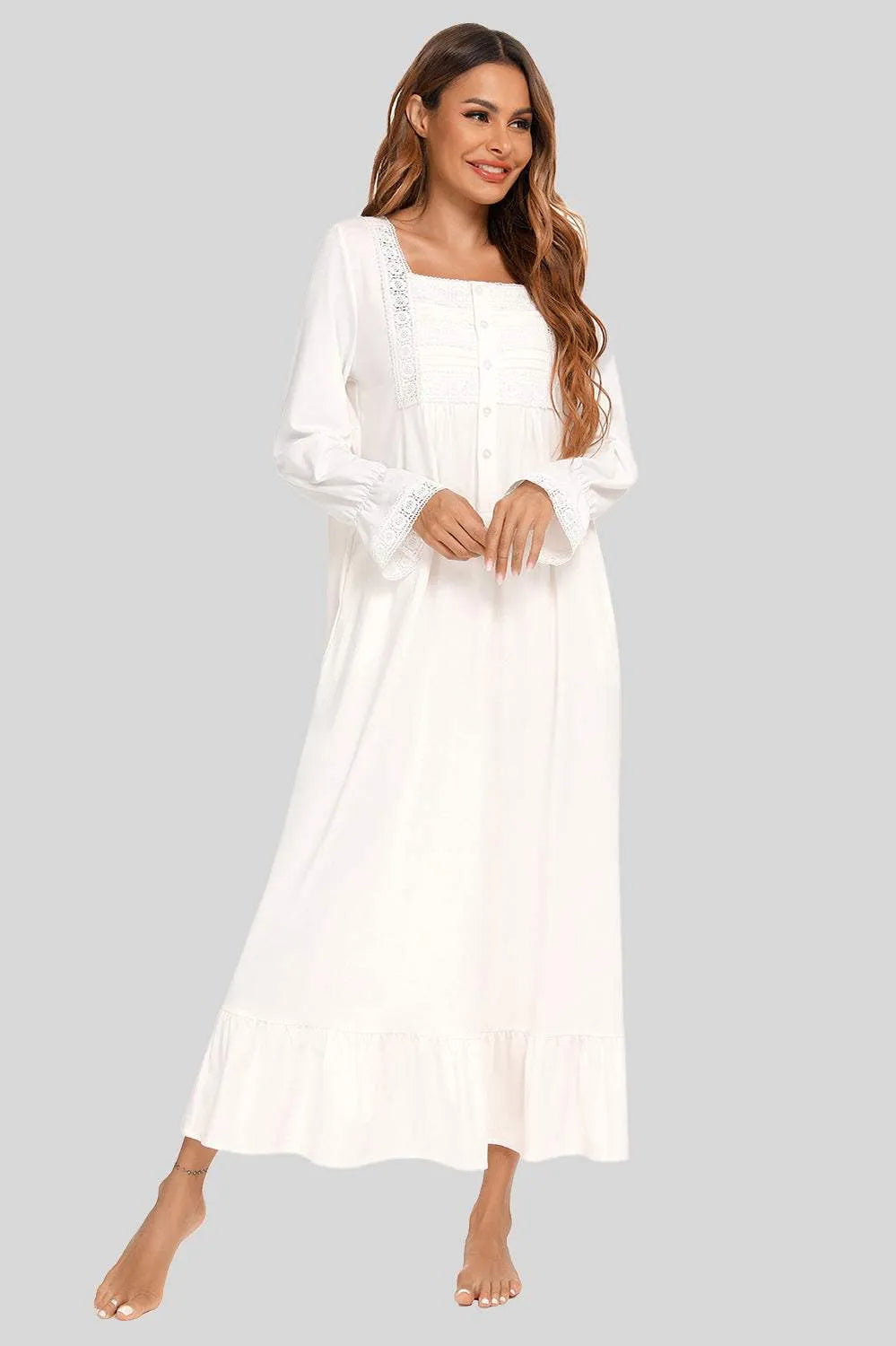 Lace Detail Square Neck Flounce Sleeve Night Dress White Sleep Dresses - Tophatter Daily Deals