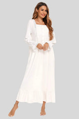 Lace Detail Square Neck Flounce Sleeve Night Dress White Sleep Dresses - Tophatter Daily Deals