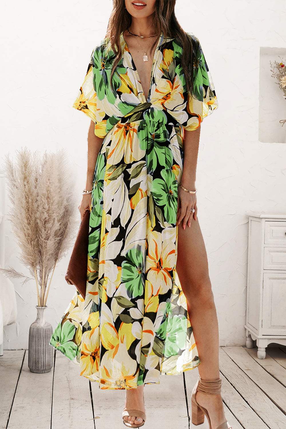 Plunge Printed Split Midi Dress Mustard Casual Dresses - Tophatter Daily Deals