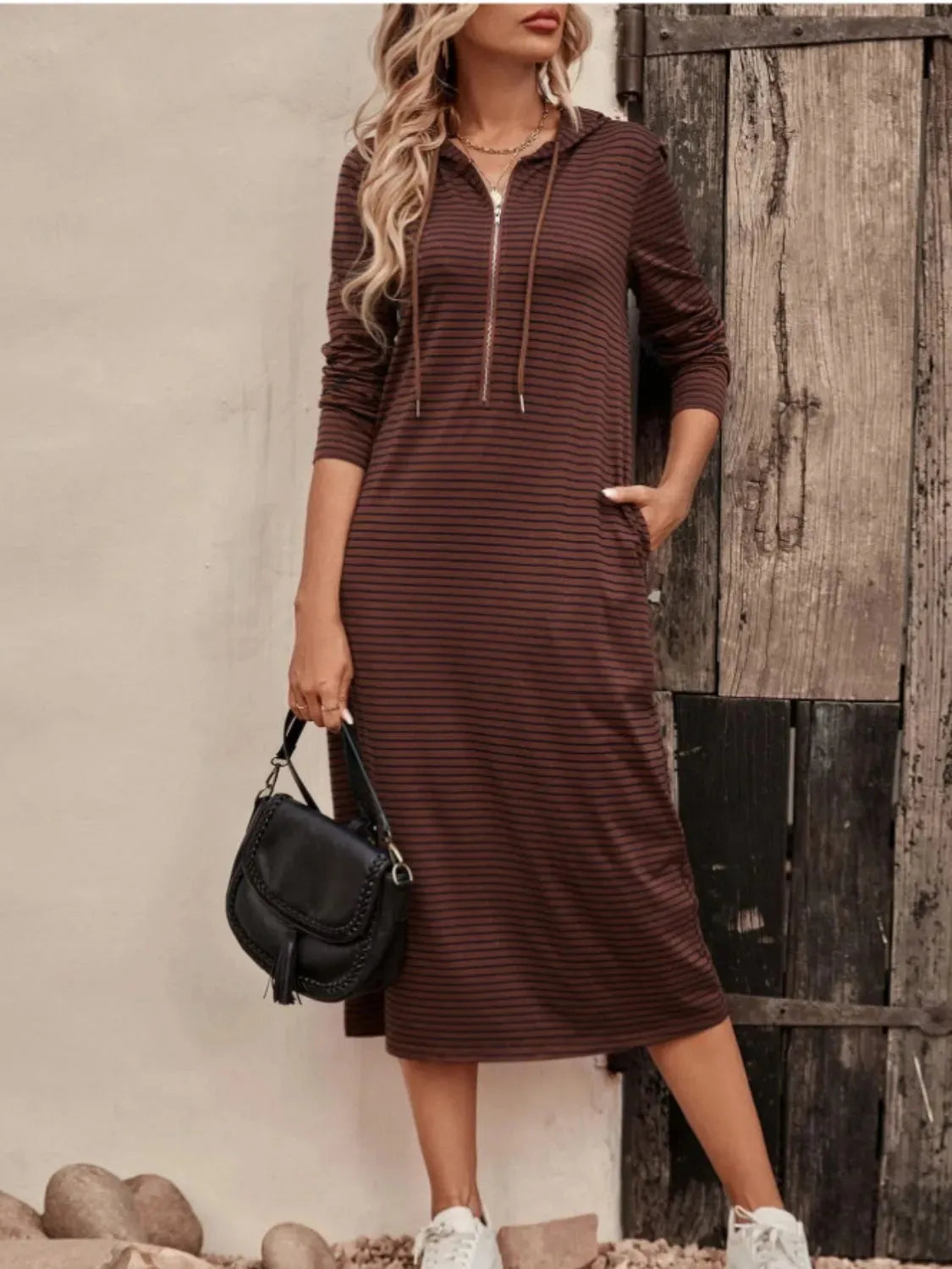 Striped Zip Front Hooded Dress Casual Dresses - Tophatter Daily Deals